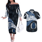 Personalized Geelong Cats Football Couples Matching Off The Shoulder Long Sleeve Dress and Hawaiian Shirt Easter Egg Pattern Blue Monochrome Tribal Dot Style