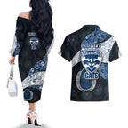 Personalized Geelong Cats Football Couples Matching Off The Shoulder Long Sleeve Dress and Hawaiian Shirt Easter Egg Pattern Blue Monochrome Tribal Dot Style