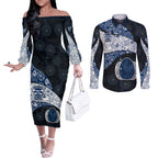 Personalized Geelong Cats Football Couples Matching Off The Shoulder Long Sleeve Dress and Long Sleeve Button Shirt Easter Egg Pattern Blue Monochrome Tribal Dot Style