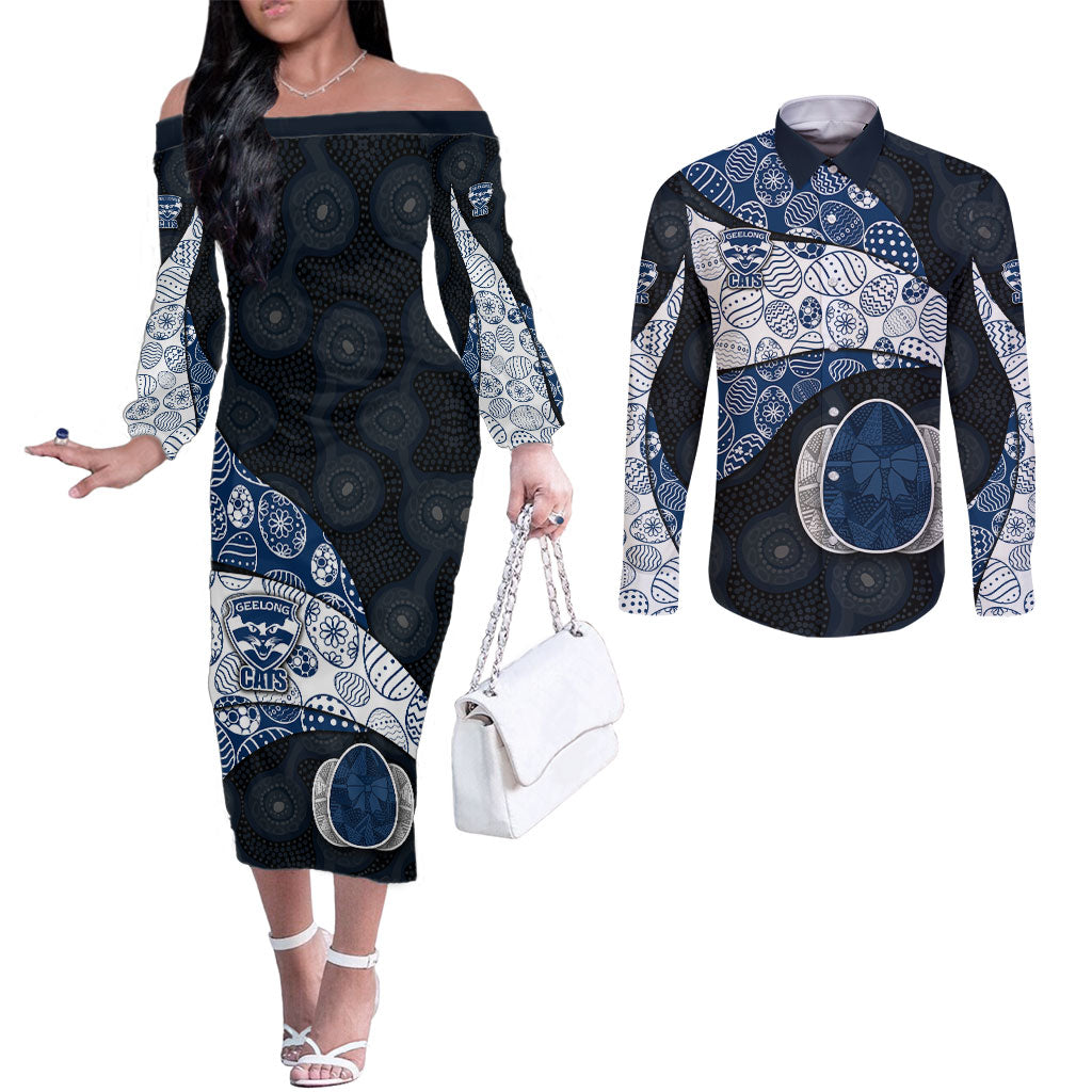 Personalized Geelong Cats Football Couples Matching Off The Shoulder Long Sleeve Dress and Long Sleeve Button Shirt Easter Egg Pattern Blue Monochrome Tribal Dot Style