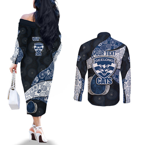 Personalized Geelong Cats Football Couples Matching Off The Shoulder Long Sleeve Dress and Long Sleeve Button Shirt Easter Egg Pattern Blue Monochrome Tribal Dot Style