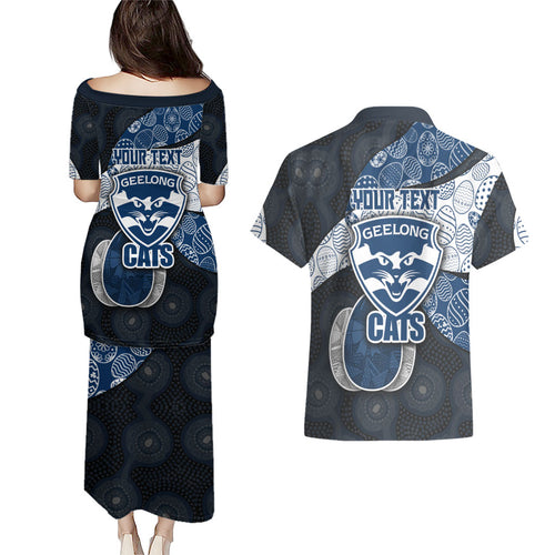 Personalized Geelong Cats Football Couples Matching Puletasi and Hawaiian Shirt Easter Egg Pattern Blue Monochrome Tribal Dot Style