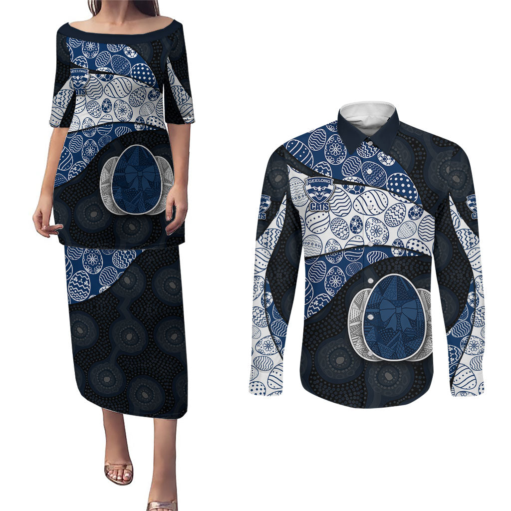 Personalized Geelong Cats Football Couples Matching Puletasi and Long Sleeve Button Shirt Easter Egg Pattern Blue Monochrome Tribal Dot Style