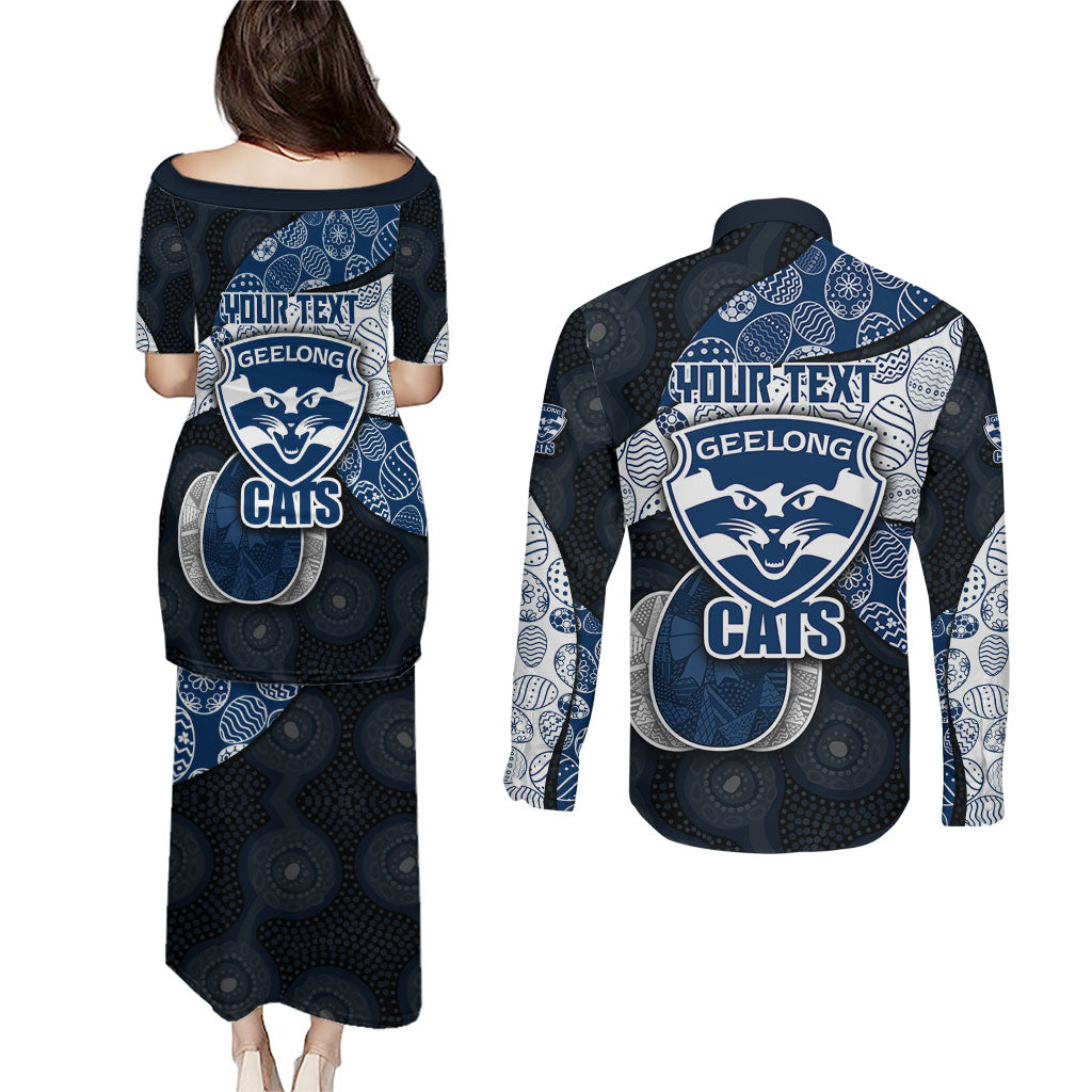 Personalized Geelong Cats Football Couples Matching Puletasi and Long Sleeve Button Shirt Easter Egg Pattern Blue Monochrome Tribal Dot Style