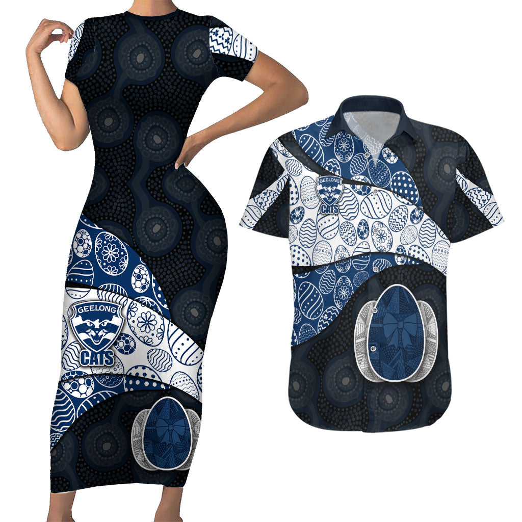 Personalized Geelong Cats Football Couples Matching Short Sleeve Bodycon Dress and Hawaiian Shirt Easter Egg Pattern Blue Monochrome Tribal Dot Style