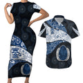 Personalized Geelong Cats Football Couples Matching Short Sleeve Bodycon Dress and Hawaiian Shirt Easter Egg Pattern Blue Monochrome Tribal Dot Style