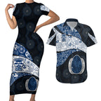 Personalized Geelong Cats Football Couples Matching Short Sleeve Bodycon Dress and Hawaiian Shirt Easter Egg Pattern Blue Monochrome Tribal Dot Style