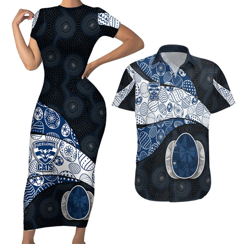 Personalized Geelong Cats Football Couples Matching Short Sleeve Bodycon Dress and Hawaiian Shirt Easter Egg Pattern Blue Monochrome Tribal Dot Style