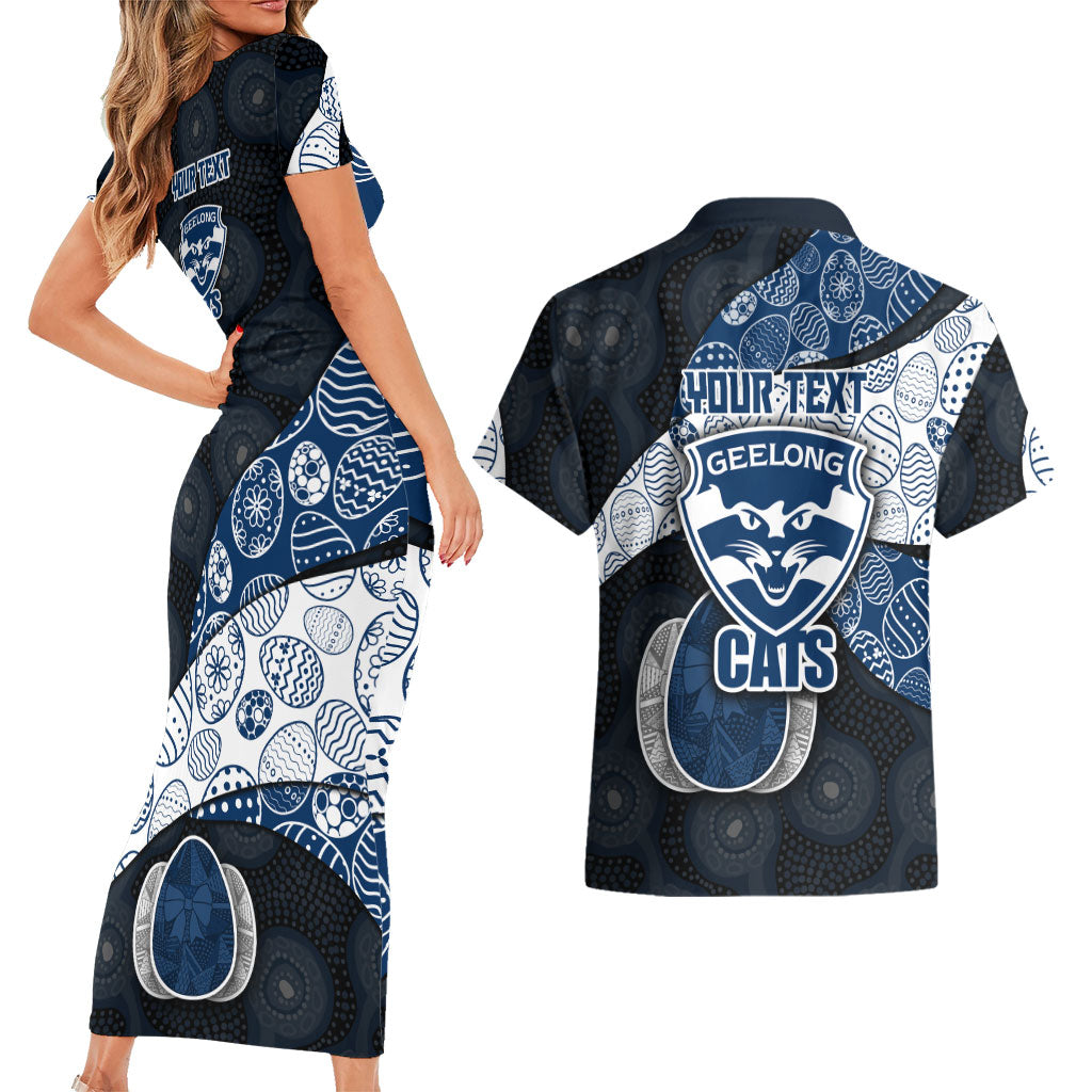 Personalized Geelong Cats Football Couples Matching Short Sleeve Bodycon Dress and Hawaiian Shirt Easter Egg Pattern Blue Monochrome Tribal Dot Style