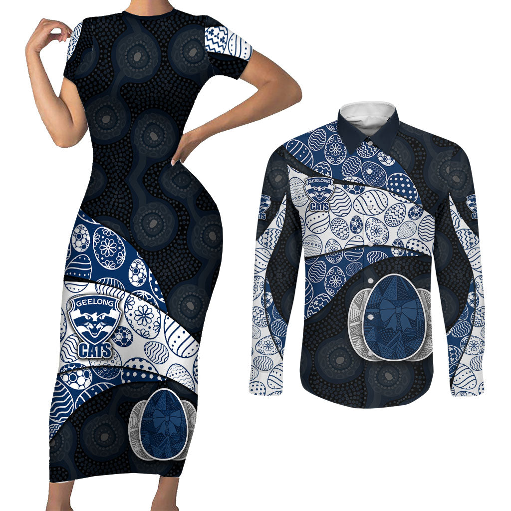 Personalized Geelong Cats Football Couples Matching Short Sleeve Bodycon Dress and Long Sleeve Button Shirt Easter Egg Pattern Blue Monochrome Tribal Dot Style