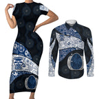 Personalized Geelong Cats Football Couples Matching Short Sleeve Bodycon Dress and Long Sleeve Button Shirt Easter Egg Pattern Blue Monochrome Tribal Dot Style