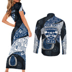 Personalized Geelong Cats Football Couples Matching Short Sleeve Bodycon Dress and Long Sleeve Button Shirt Easter Egg Pattern Blue Monochrome Tribal Dot Style