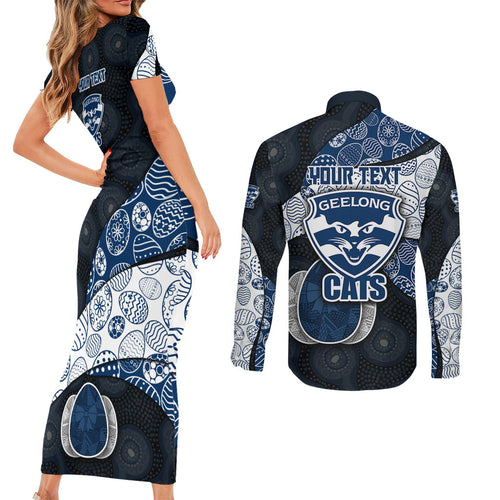Personalized Geelong Cats Football Couples Matching Short Sleeve Bodycon Dress and Long Sleeve Button Shirt Easter Egg Pattern Blue Monochrome Tribal Dot Style