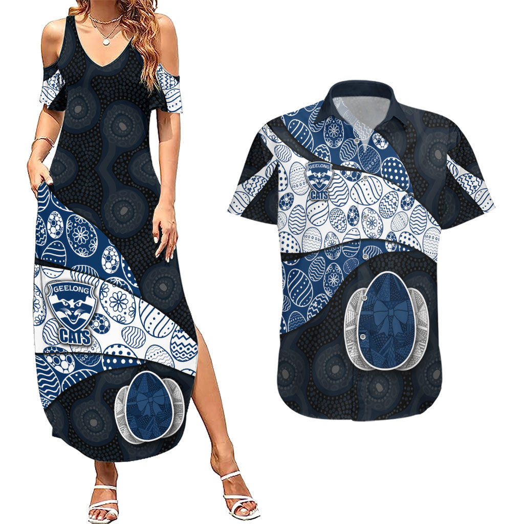 Personalized Geelong Cats Football Couples Matching Summer Maxi Dress and Hawaiian Shirt Easter Egg Pattern Blue Monochrome Tribal Dot Style