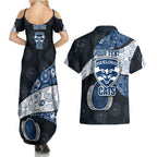 Personalized Geelong Cats Football Couples Matching Summer Maxi Dress and Hawaiian Shirt Easter Egg Pattern Blue Monochrome Tribal Dot Style