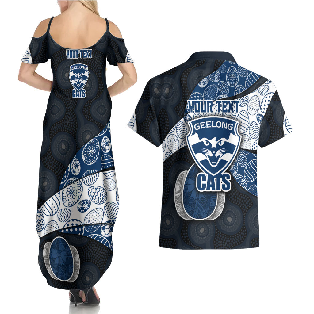 Personalized Geelong Cats Football Couples Matching Summer Maxi Dress and Hawaiian Shirt Easter Egg Pattern Blue Monochrome Tribal Dot Style