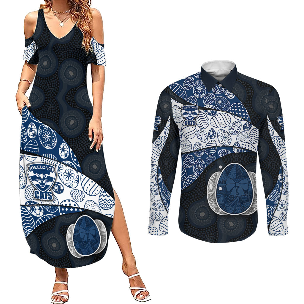 Personalized Geelong Cats Football Couples Matching Summer Maxi Dress and Long Sleeve Button Shirt Easter Egg Pattern Blue Monochrome Tribal Dot Style