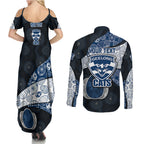 Personalized Geelong Cats Football Couples Matching Summer Maxi Dress and Long Sleeve Button Shirt Easter Egg Pattern Blue Monochrome Tribal Dot Style