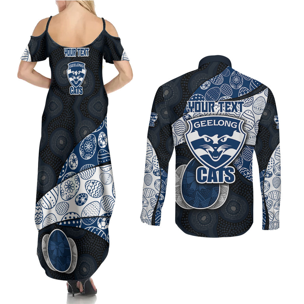 Personalized Geelong Cats Football Couples Matching Summer Maxi Dress and Long Sleeve Button Shirt Easter Egg Pattern Blue Monochrome Tribal Dot Style