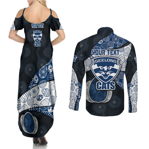 Personalized Geelong Cats Football Couples Matching Summer Maxi Dress and Long Sleeve Button Shirt Easter Egg Pattern Blue Monochrome Tribal Dot Style