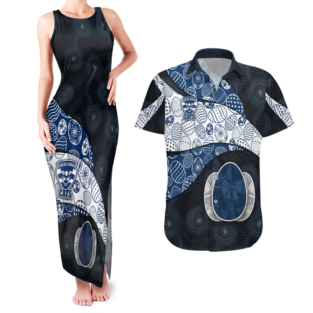 Personalized Geelong Cats Football Couples Matching Tank Maxi Dress and Hawaiian Shirt Easter Egg Pattern Blue Monochrome Tribal Dot Style