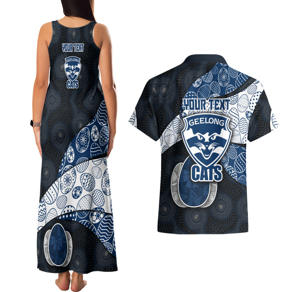 Personalized Geelong Cats Football Couples Matching Tank Maxi Dress and Hawaiian Shirt Easter Egg Pattern Blue Monochrome Tribal Dot Style