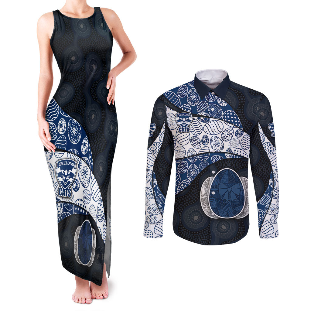 Personalized Geelong Cats Football Couples Matching Tank Maxi Dress and Long Sleeve Button Shirt Easter Egg Pattern Blue Monochrome Tribal Dot Style