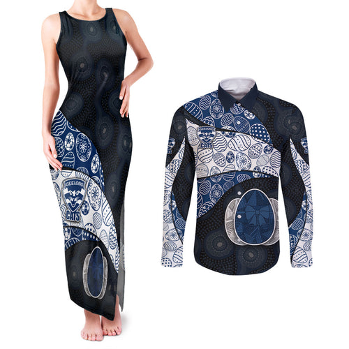 Personalized Geelong Cats Football Couples Matching Tank Maxi Dress and Long Sleeve Button Shirt Easter Egg Pattern Blue Monochrome Tribal Dot Style