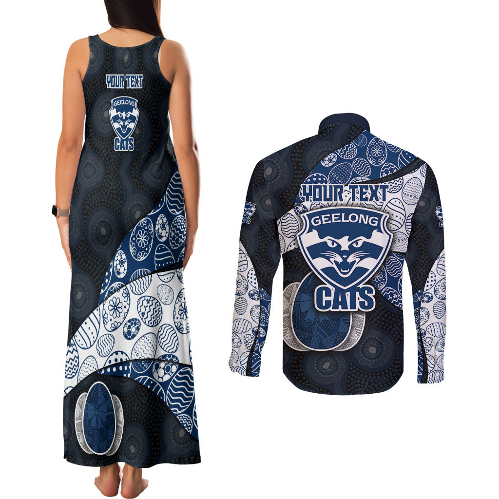 Personalized Geelong Cats Football Couples Matching Tank Maxi Dress and Long Sleeve Button Shirt Easter Egg Pattern Blue Monochrome Tribal Dot Style