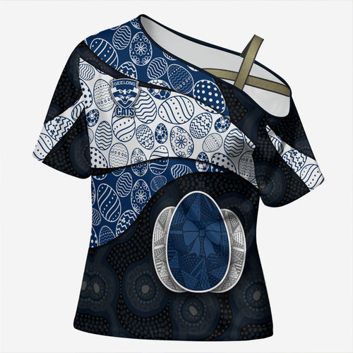 Personalized Geelong Cats Football Cross Shoulder Shirt Easter Egg Pattern Blue Monochrome Tribal Dot Style
