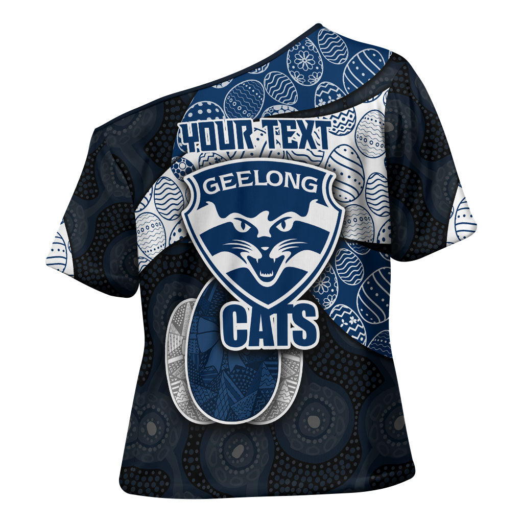 Personalized Geelong Cats Football Cross Shoulder Shirt Easter Egg Pattern Blue Monochrome Tribal Dot Style