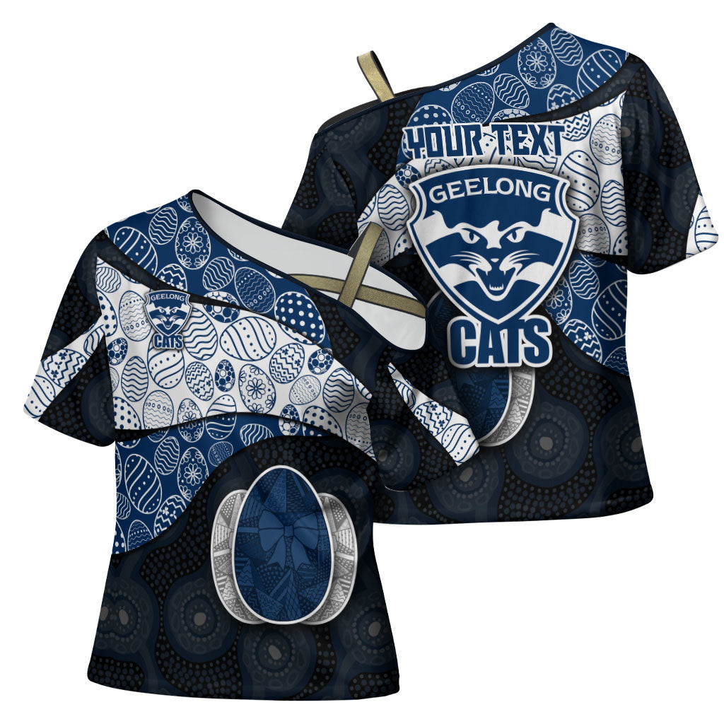 Personalized Geelong Cats Football Cross Shoulder Shirt Easter Egg Pattern Blue Monochrome Tribal Dot Style