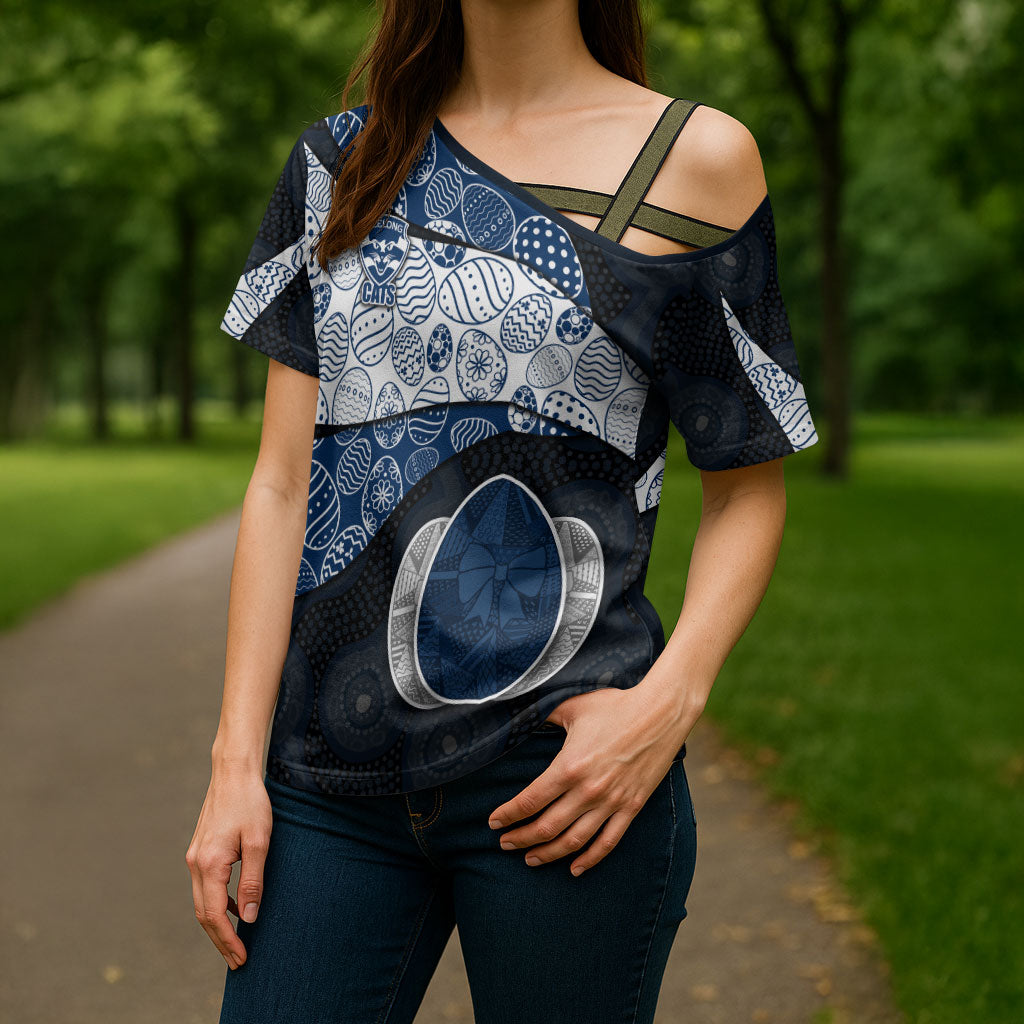 Personalized Geelong Cats Football Cross Shoulder Shirt Easter Egg Pattern Blue Monochrome Tribal Dot Style