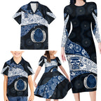 Personalized Geelong Cats Football Family Matching Long Sleeve Bodycon Dress and Hawaiian Shirt Easter Egg Pattern Blue Monochrome Tribal Dot Style