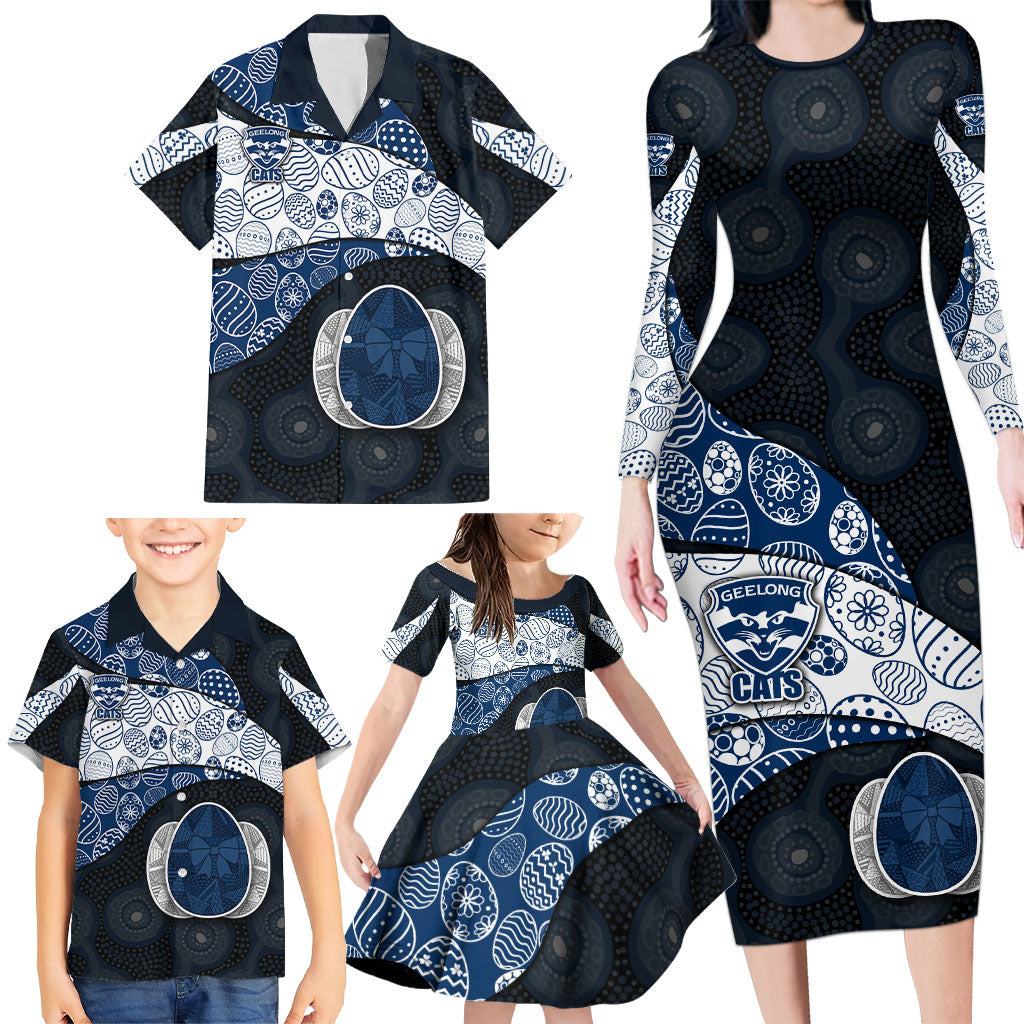 Personalized Geelong Cats Football Family Matching Long Sleeve Bodycon Dress and Hawaiian Shirt Easter Egg Pattern Blue Monochrome Tribal Dot Style
