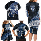 Personalized Geelong Cats Football Family Matching Long Sleeve Bodycon Dress and Hawaiian Shirt Easter Egg Pattern Blue Monochrome Tribal Dot Style