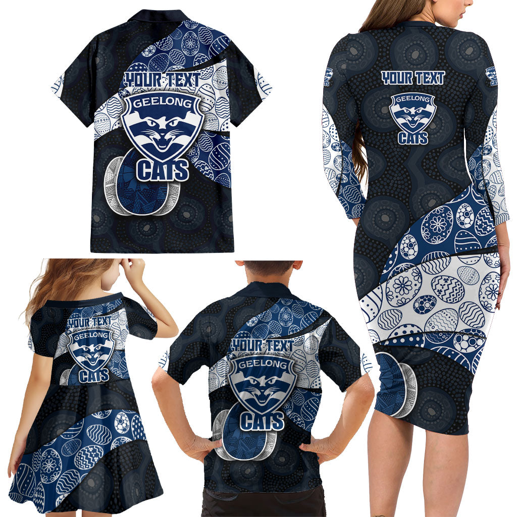 Personalized Geelong Cats Football Family Matching Long Sleeve Bodycon Dress and Hawaiian Shirt Easter Egg Pattern Blue Monochrome Tribal Dot Style