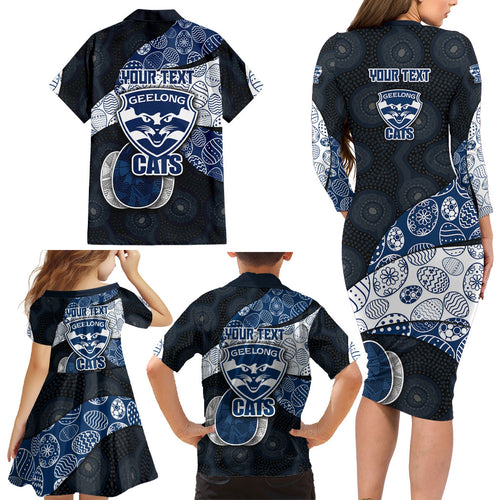 Personalized Geelong Cats Football Family Matching Long Sleeve Bodycon Dress and Hawaiian Shirt Easter Egg Pattern Blue Monochrome Tribal Dot Style
