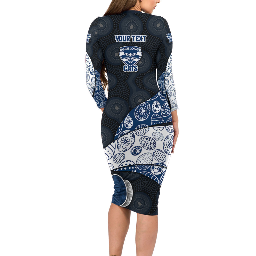 Personalized Geelong Cats Football Family Matching Long Sleeve Bodycon Dress and Hawaiian Shirt Easter Egg Pattern Blue Monochrome Tribal Dot Style