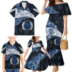 Personalized Geelong Cats Football Family Matching Mermaid Dress and Hawaiian Shirt Easter Egg Pattern Blue Monochrome Tribal Dot Style