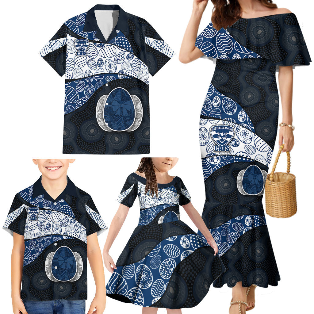 Personalized Geelong Cats Football Family Matching Mermaid Dress and Hawaiian Shirt Easter Egg Pattern Blue Monochrome Tribal Dot Style