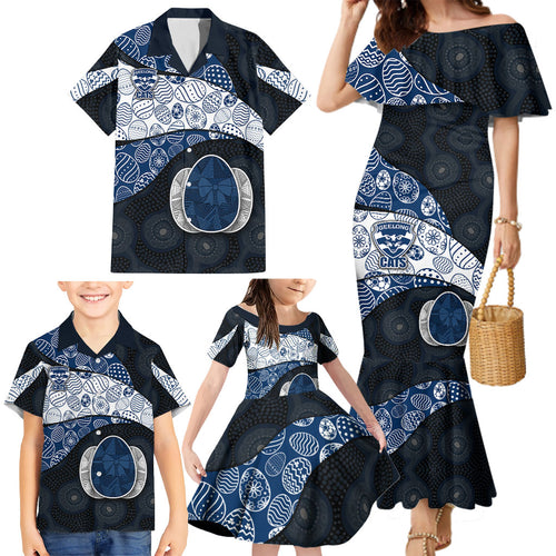 Personalized Geelong Cats Football Family Matching Mermaid Dress and Hawaiian Shirt Easter Egg Pattern Blue Monochrome Tribal Dot Style