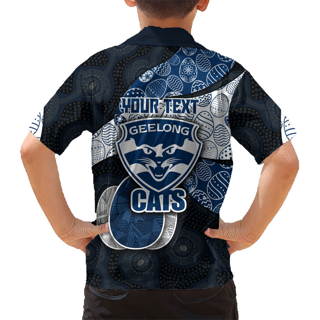 Personalized Geelong Cats Football Family Matching Mermaid Dress and Hawaiian Shirt Easter Egg Pattern Blue Monochrome Tribal Dot Style