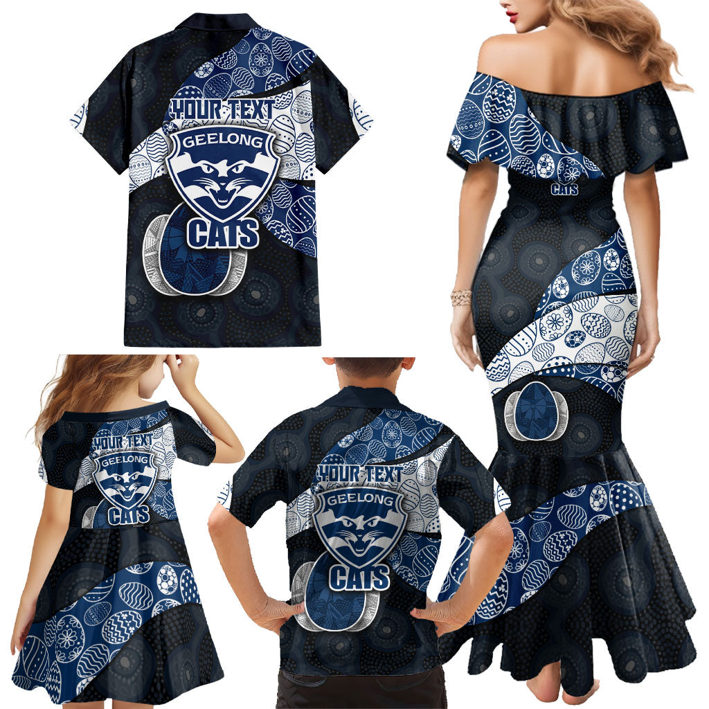 Personalized Geelong Cats Football Family Matching Mermaid Dress and Hawaiian Shirt Easter Egg Pattern Blue Monochrome Tribal Dot Style