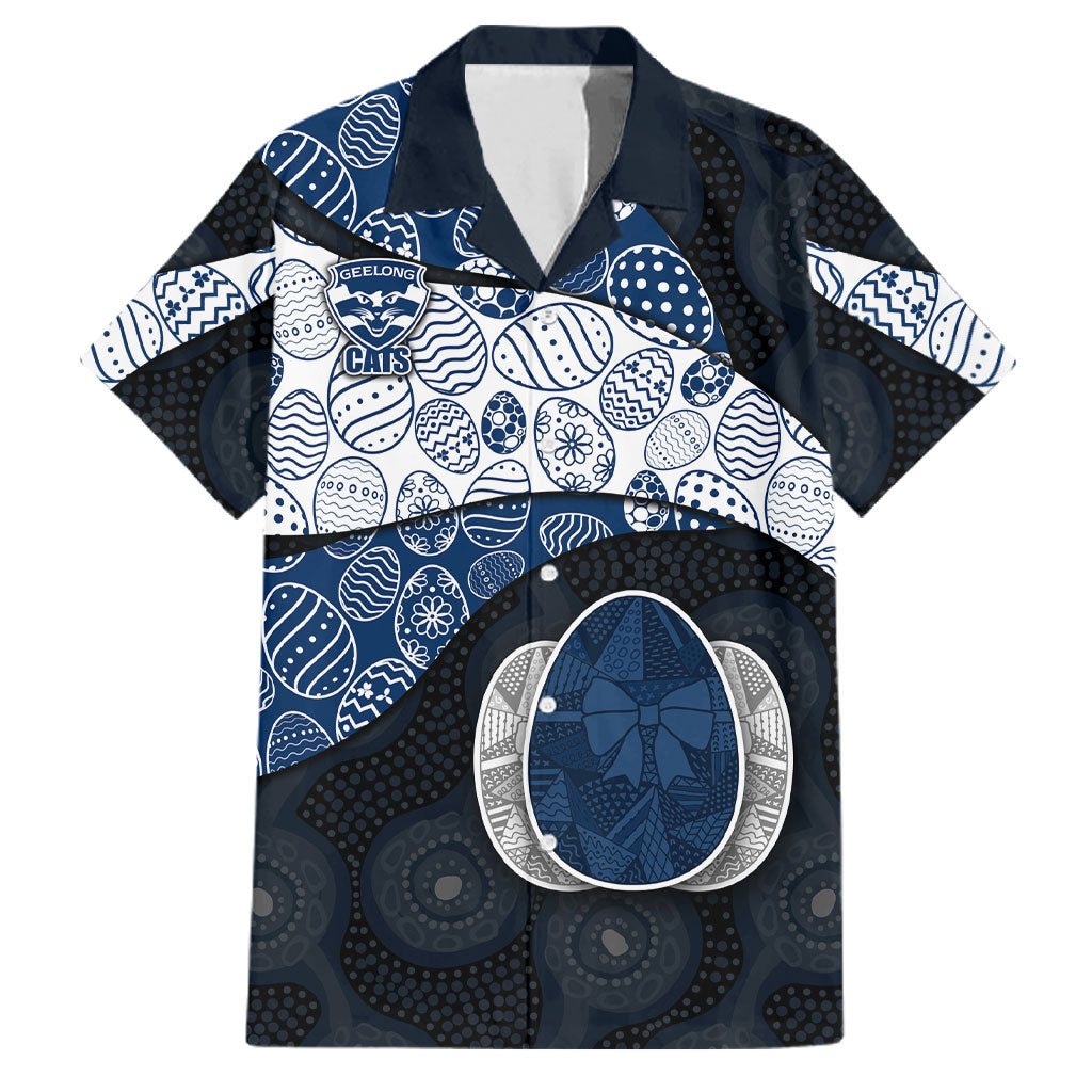 Personalized Geelong Cats Football Family Matching Mermaid Dress and Hawaiian Shirt Easter Egg Pattern Blue Monochrome Tribal Dot Style