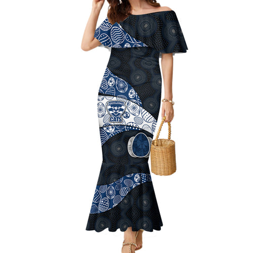 Personalized Geelong Cats Football Family Matching Mermaid Dress and Hawaiian Shirt Easter Egg Pattern Blue Monochrome Tribal Dot Style