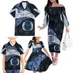 Personalized Geelong Cats Football Family Matching Off The Shoulder Long Sleeve Dress and Hawaiian Shirt Easter Egg Pattern Blue Monochrome Tribal Dot Style