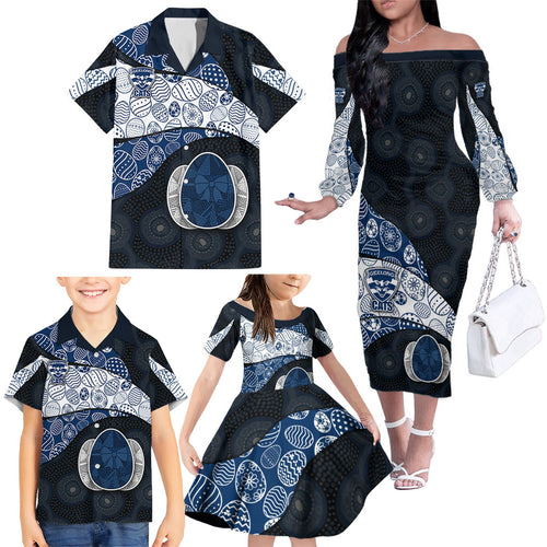 Personalized Geelong Cats Football Family Matching Off The Shoulder Long Sleeve Dress and Hawaiian Shirt Easter Egg Pattern Blue Monochrome Tribal Dot Style