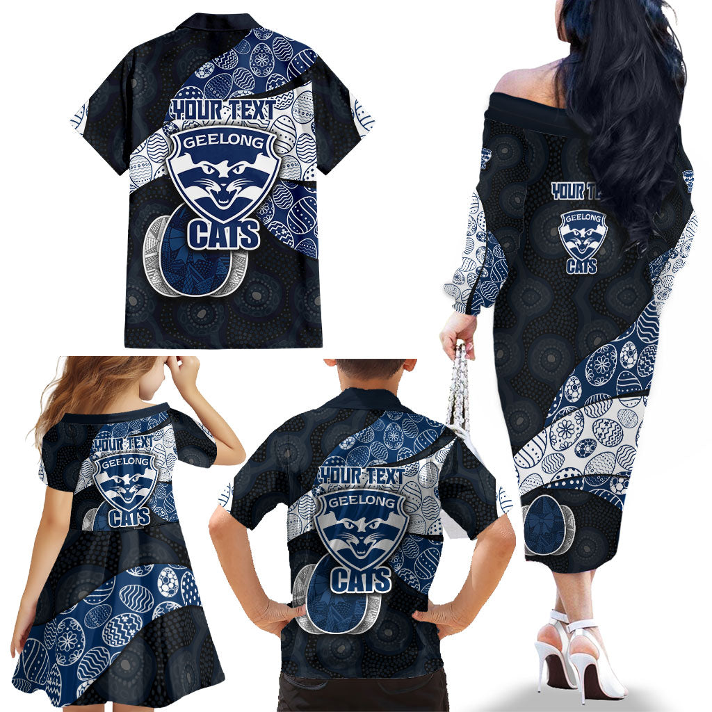 Personalized Geelong Cats Football Family Matching Off The Shoulder Long Sleeve Dress and Hawaiian Shirt Easter Egg Pattern Blue Monochrome Tribal Dot Style