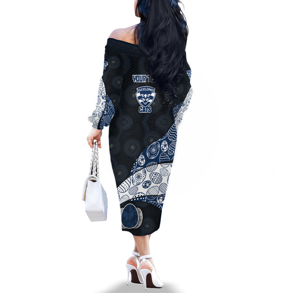 Personalized Geelong Cats Football Family Matching Off The Shoulder Long Sleeve Dress and Hawaiian Shirt Easter Egg Pattern Blue Monochrome Tribal Dot Style